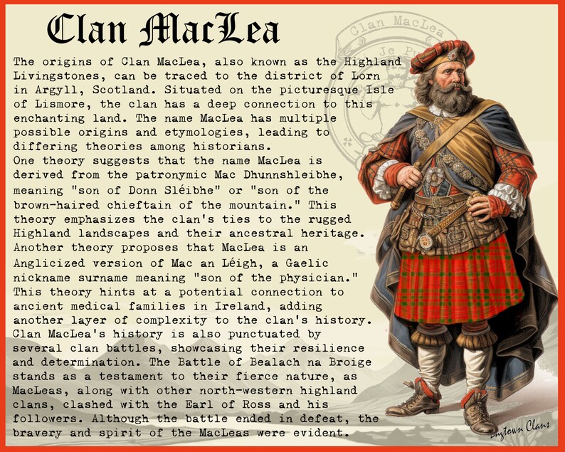 Pode incluir: Uma ilustra&ccedil;&atilde;o colorida de um homem com uma saia escocesa vermelha, uma camisa listrada vermelha e branca e um chap&eacute;u vermelho com uma pena branca. O texto "Clan MacLea" est&aacute; no topo da imagem. O texto "Je P" est&aacute; no canto superior direito da imagem. O texto "ytoun Clans" est&aacute; no canto inferior direito da imagem.