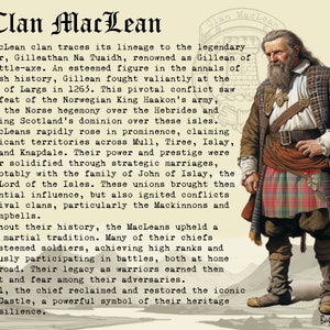 Peut inclure: Une illustration vintage d'un chef de clan &eacute;cossais portant un kilt et une &eacute;p&eacute;e. Le texte "Clan MacLean" est en haut de l'image. Le texte "Bastoun Clans" est en bas de l'image.