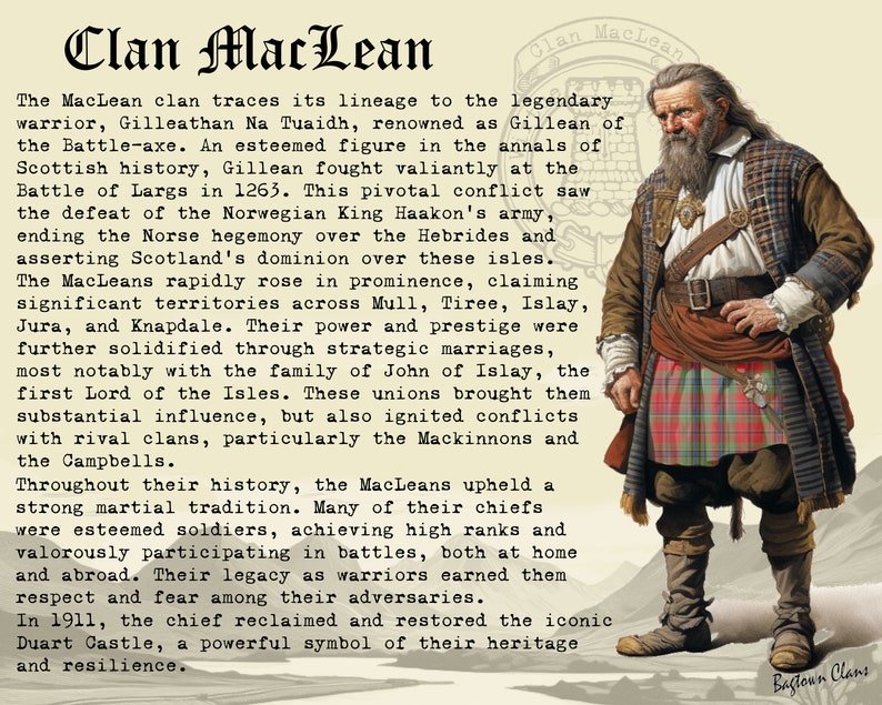 Peut inclure: Une illustration vintage d'un chef de clan &eacute;cossais portant un kilt et une &eacute;p&eacute;e. Le texte "Clan MacLean" est en haut de l'image. Le texte "Bastoun Clans" est en bas de l'image.
