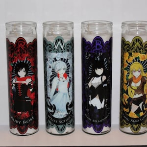 May include: Four glass candle jars with white candles and colorful labels featuring anime characters. The labels include the names "Ruby Rose", "Weiss Schnee", "Blake Belladonna", and "Yang Xiao Long".