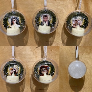 May include: Six clear glass ornaments with a white string hanger. Each ornament has a different image inside. The images are of characters from the movie Labyrinth. The ornaments have a small white LED candle inside.