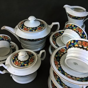 Vintage Fine Porcelain Tableware Tea Set 6 Teacups Teapot Czechoslovakia 1930