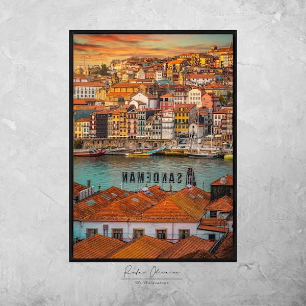 Porto | Portugal | Coucher de soleil | Fleuve Douro | Paysage | Ville | Art mural | Impression architecturale | Affiche portugaise | suspensions murales