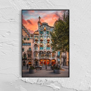 Barcelona Spain Travel Poster of Barcelona Streets, Casa Batllo Gaudi, Digital art of Barcelona, Travel Prints Barcelona poster Travel Decor