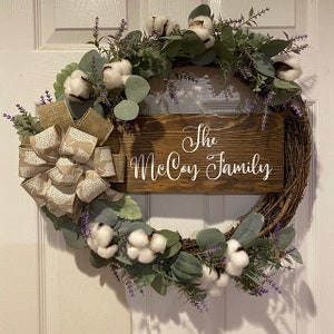 Wreath with custom decal on it.