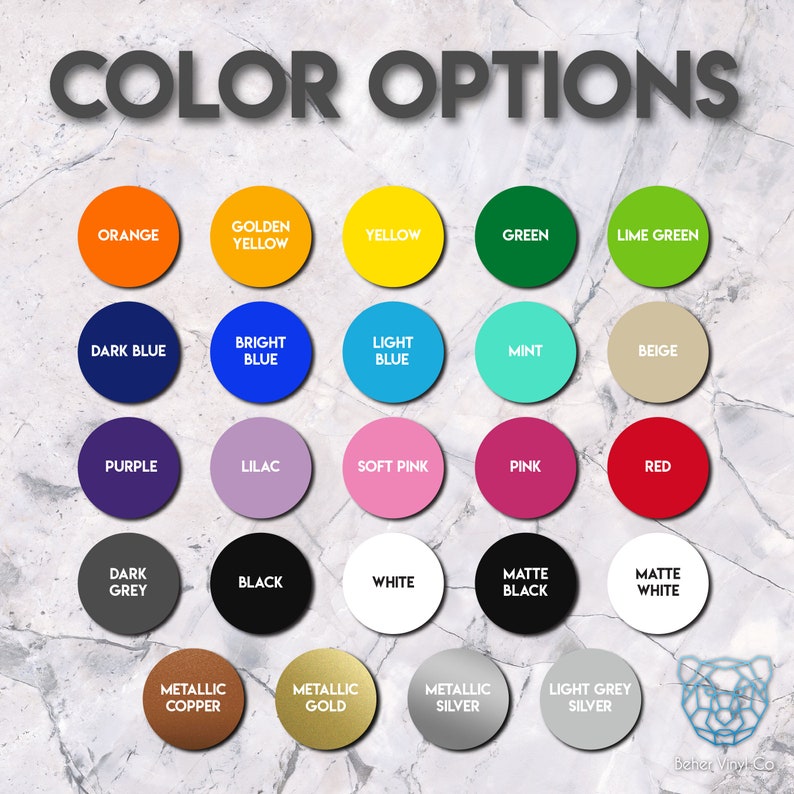 Color options. Orange, Golden Yellow, yellow, green, lime green, dk blue, bright blue, light blue, mint, beige, purple, lilac, soft pink, pink, red, dk grey, black, white, matte white, matte black, copper, silver, gold, light grey