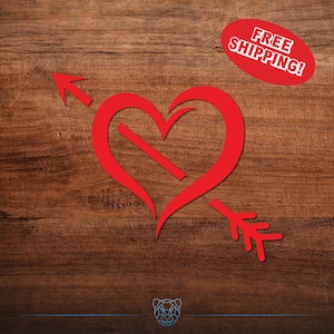 May include: Red heart with an arrow through it, on a wood background. The text "FREE SHIPPING!" is in a red circle above the heart.