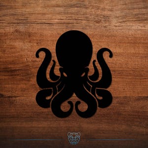 May include: A black octopus silhouette with eight curling tentacles. The octopus design is set against a brown wood grain background. The image has a minimalist style, suitable for wall art or decor.