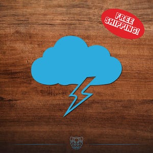 May include: A blue cloud with a lightning bolt graphic on a wood grain background. A red oval with the text "FREE SHIPPING!" is in the upper right corner. The image has a simple, graphic design.