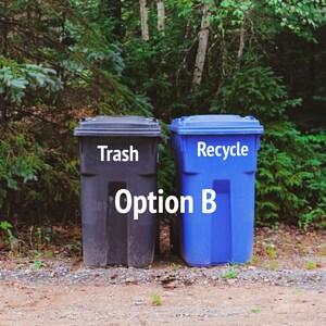 Font option B shows a Bold Sans Serif font.  Trash and Recycle decals are on respective cans