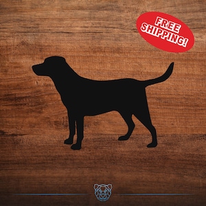 May include: Black silhouette of a dog standing on a woodgrain background. The text "FREE SHIPPING!" is in a red circle above the dog.
