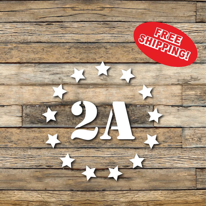 May include: White 2A graphic with a circle of white stars on a brown wood background. The text "FREE SHIPPING!" is in a red oval.