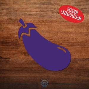 May include: Purple eggplant silhouette on a woodgrain background.  Free shipping is indicated in a red oval.