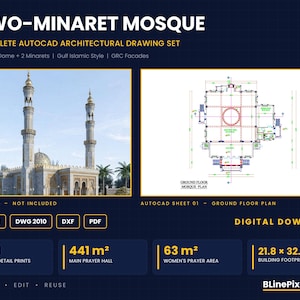 May include: A digital architectural drawing set for a Two-Minaret Mosque, featuring a 3D preview of a Gulf Islamic style building with a central dome and two minarets, alongside a ground floor plan, technical specifications, and file formats.