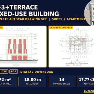 May include: A G+3+TERRACE MIXED-USE BUILDING complete AutoCAD drawing set featuring shops and apartments. Includes elevation and ground floor plan diagrams, digital download files in DWG, DXF, and PDF formats, 772 m2 built-up area, 18.00 m total height, 14 drawing sheets, and 17.77x15.00 m plot size.
