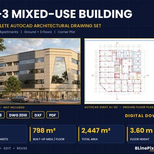 May include: A digital architectural drawing set for a G+3 mixed-use building featuring shops and apartments on a corner plot. Includes a 3D preview, AutoCAD sheet Ar-02 ground floor plan, 14 drawing sheets, 798 m2 built-up area, 2,447 m2 total area, and 3.60 m floor height.