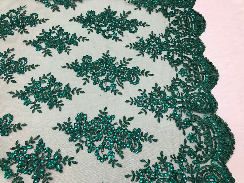 Shop Mesh Lace Fabric By The Yard Hunter Green Corded Floral Embroidery With Sequins on Mesh Polyester For Bridal