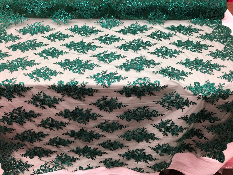 Shop Mesh Lace Fabric By The Yard Hunter Green Corded Floral Embroidery With Sequins on Mesh Polyester For Bridal