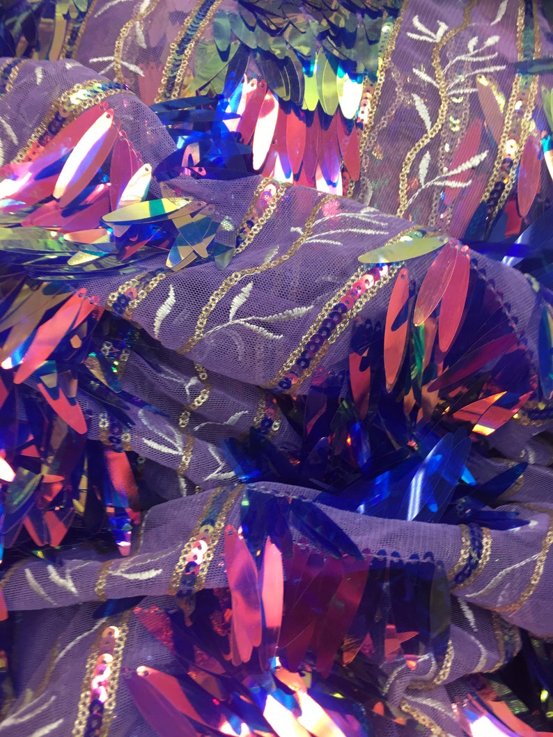 54 inch Different Colors Sold by the Yard Iridescent Long Leaf Shape Sequin on a Mesh Base with Embroidery Accents