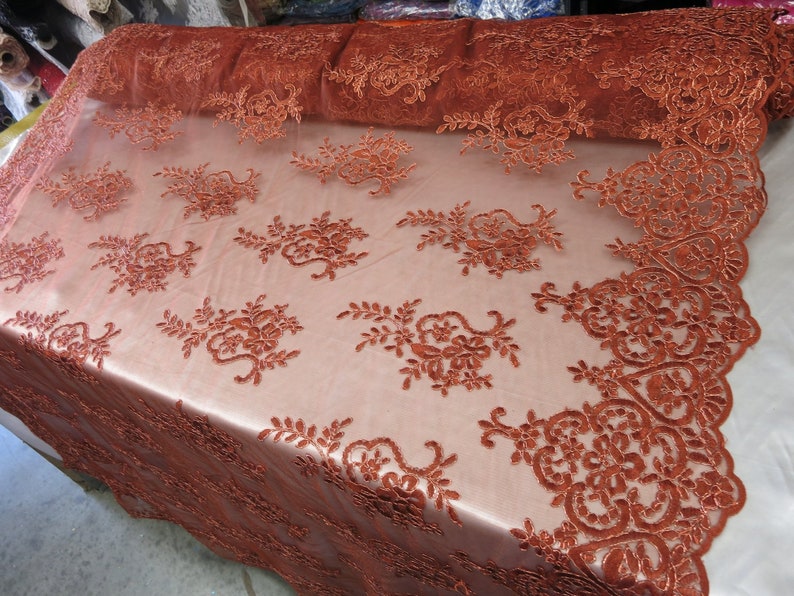 Copper Metallic Lace Fabric By The Yard Bridal Veil Corded Flowers Embroidery For Wedding Dress