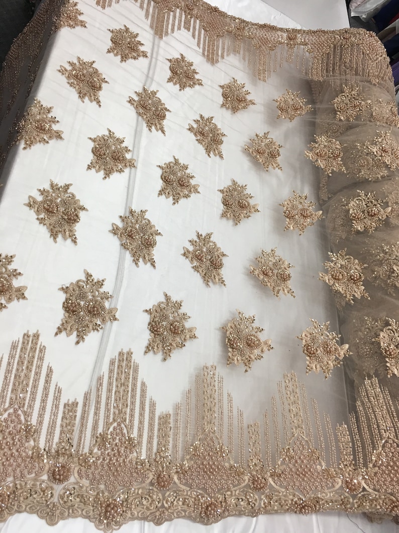 Gold Cathedral French Design Embroider Beaded Mesh Dress For Wedding Decoration Bridal Veil Nightgown Sold By The Yard