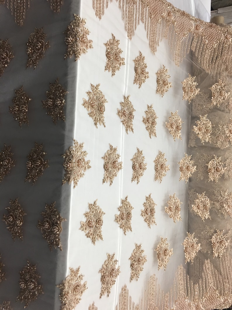 Gold Cathedral French Design Embroider Beaded Mesh Dress For Wedding Decoration Bridal Veil Nightgown Sold By The Yard
