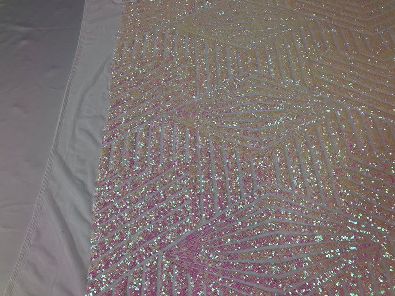 Sold By The Yard Geometric 4 Way Stretch Sequins Fabric Iridescent Pink Geometric Diamond Design