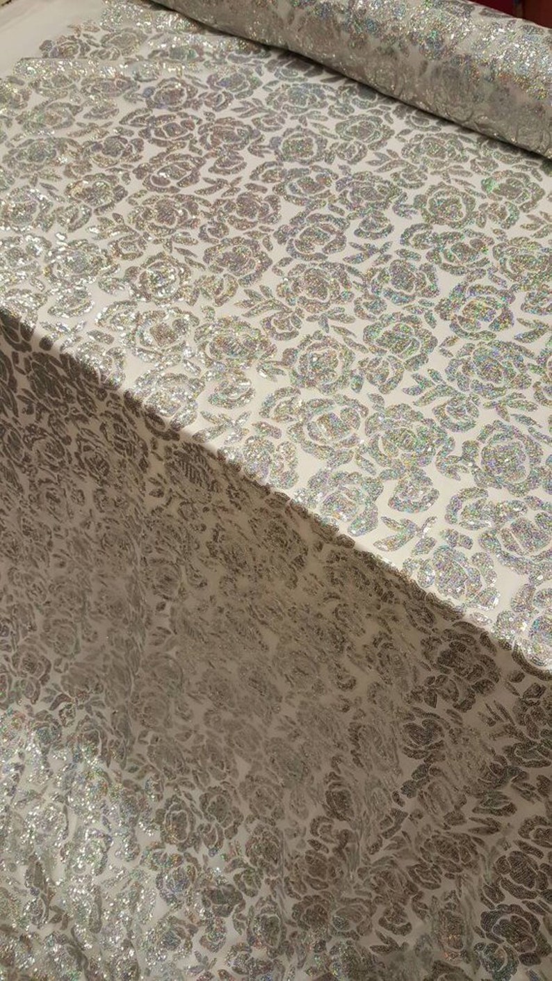 Roses Design Iridescent Sequin Lace Fabric Mesh Stretch Prom Fabric Sold by the Yard Silver