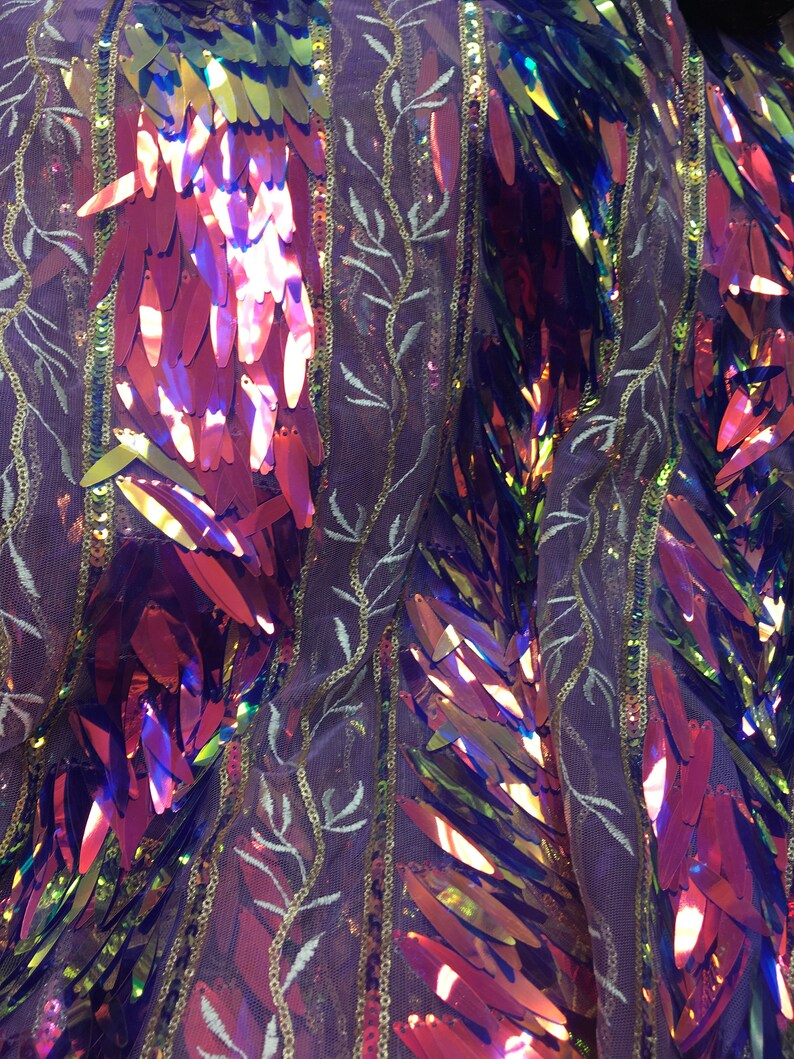 54 inch Different Colors Sold by the Yard Iridescent Long Leaf Shape Sequin on a Mesh Base with Embroidery Accents