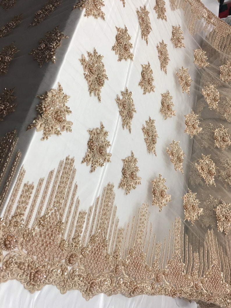 Gold Cathedral French Design Embroider Beaded Mesh Dress For Wedding Decoration Bridal Veil Nightgown Sold By The Yard