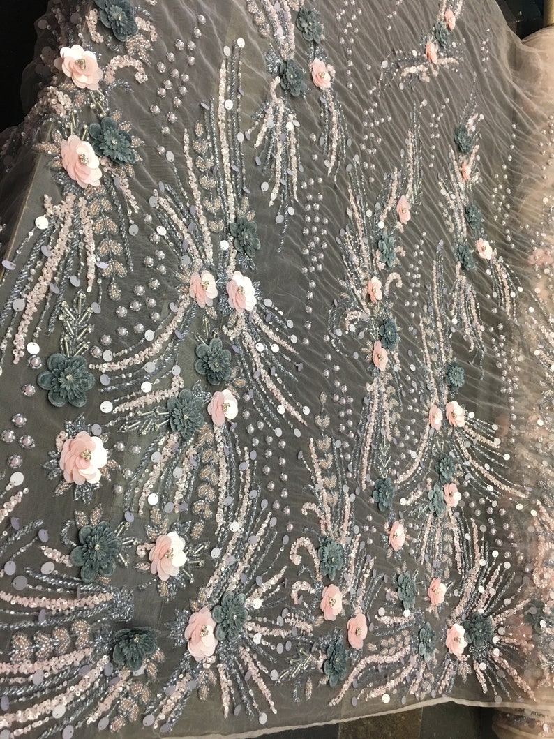 Luxury Designs 3D FlowerFloral Designs Beaded With Diamonds Fabric Lace Sold By The Yard Embroidered Beaded On Blush Mesh PinkSage