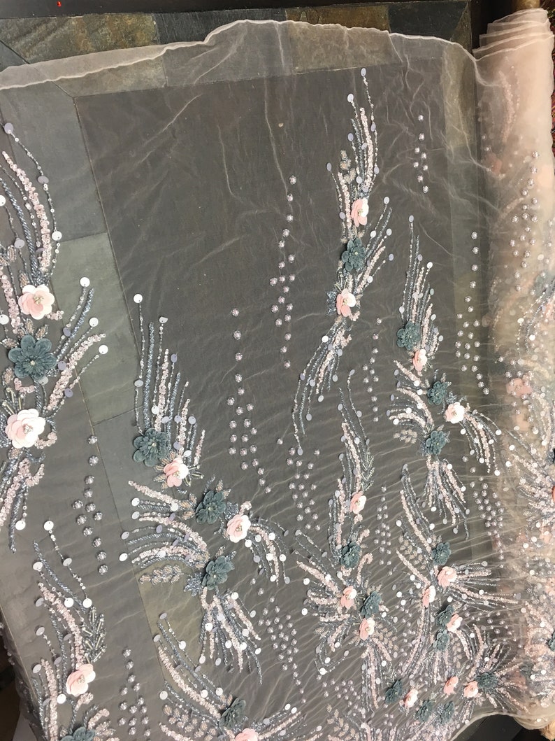 Luxury Designs 3D FlowerFloral Designs Beaded With Diamonds Fabric Lace Sold By The Yard Embroidered Beaded On Blush Mesh PinkSage