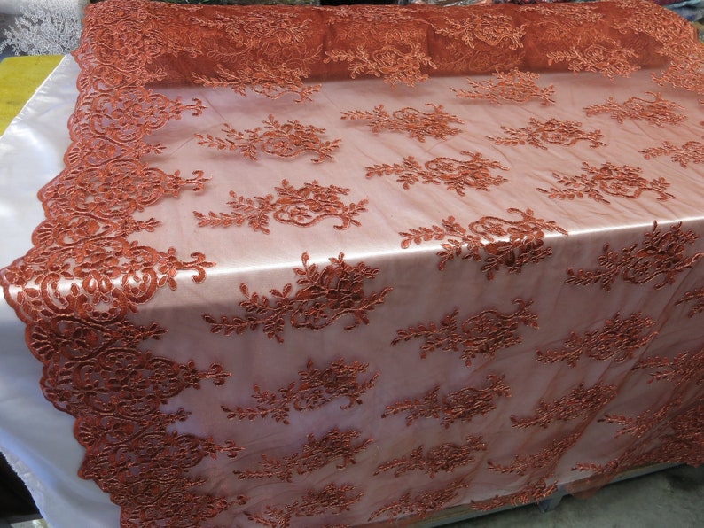 Copper Metallic Lace Fabric By The Yard Bridal Veil Corded Flowers Embroidery For Wedding Dress