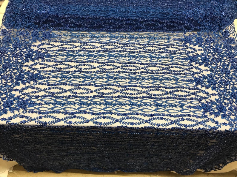 Shop Mesh Lace Fabric Bridal Veil Flower Beaded Fabric By The Yard Royal Blue Lace Beads For Mesh Dress