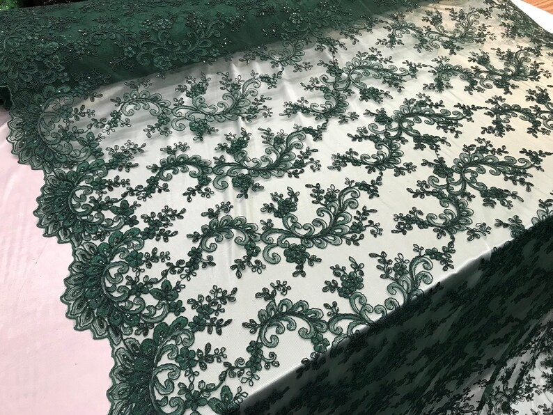 Bridal Sequins Fabric Mesh Lace French Embroidered Design Sold by The Yard Hunter Green