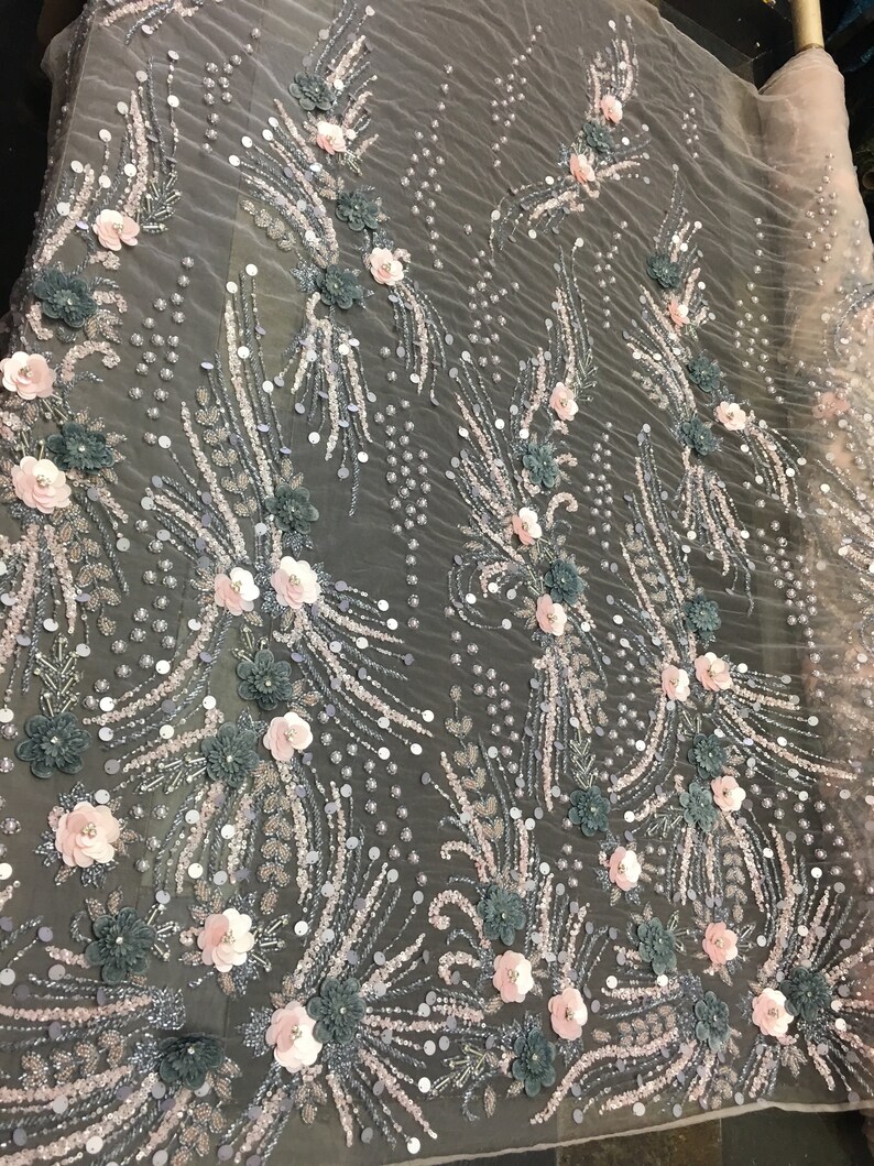 Luxury Designs 3D FlowerFloral Designs Beaded With Diamonds Fabric Lace Sold By The Yard Embroidered Beaded On Blush Mesh PinkSage