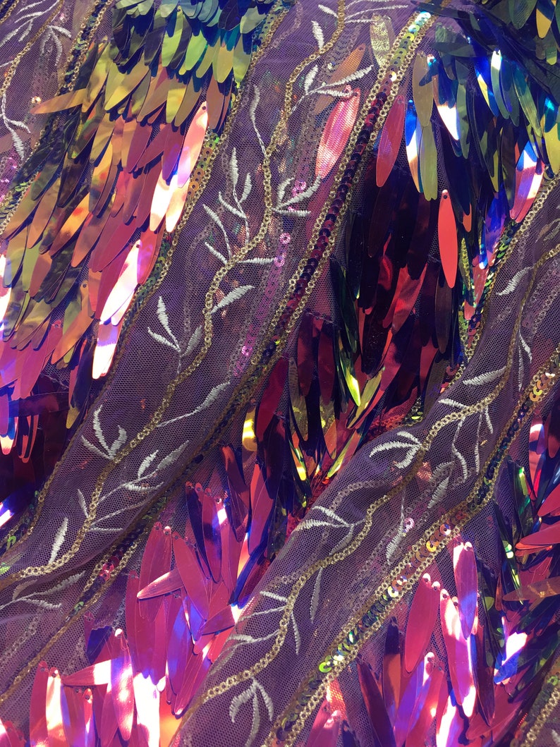 54 inch Different Colors Sold by the Yard Iridescent Long Leaf Shape Sequin on a Mesh Base with Embroidery Accents