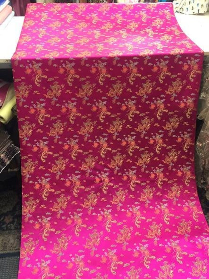 Chinese Brocade Silk Fabric Dragon Phoenix Design Asian