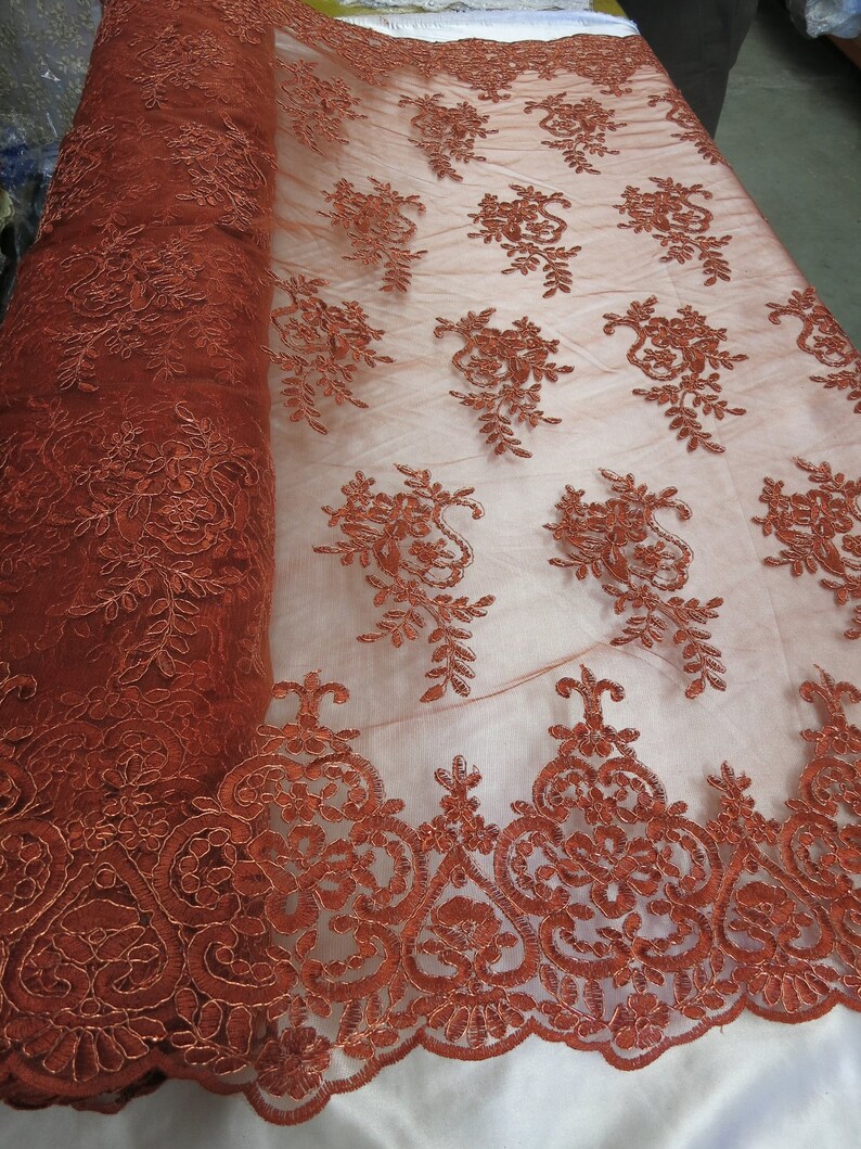 Copper Metallic Lace Fabric By The Yard Bridal Veil Corded Flowers Embroidery For Wedding Dress