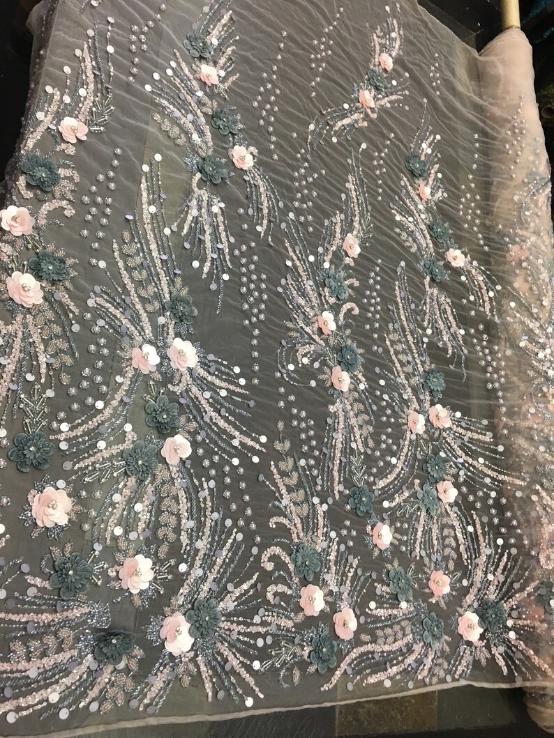 Luxury Designs 3D FlowerFloral Designs Beaded With Diamonds Fabric Lace Sold By The Yard Embroidered Beaded On Blush Mesh PinkSage