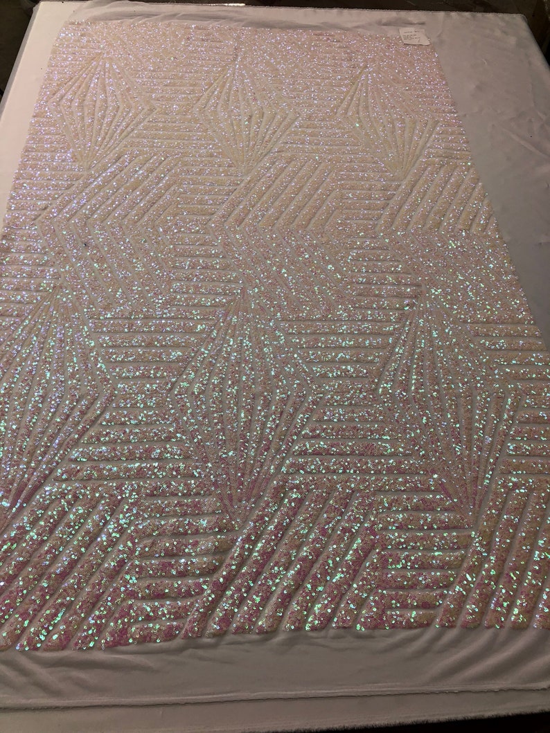 Sold By The Yard Geometric 4 Way Stretch Sequins Fabric Iridescent Pink Geometric Diamond Design