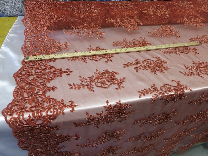 Copper Metallic Lace Fabric By The Yard Bridal Veil Corded Flowers Embroidery For Wedding Dress