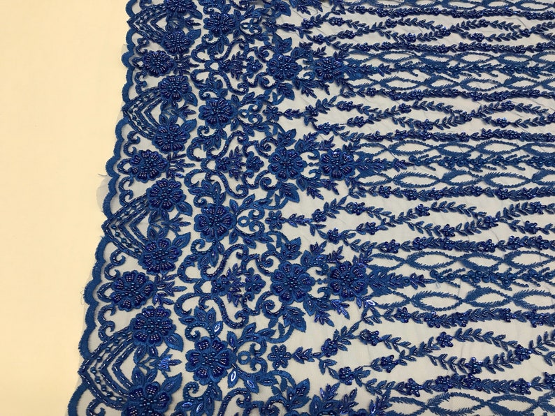 Shop Mesh Lace Fabric Bridal Veil Flower Beaded Fabric By The Yard Royal Blue Lace Beads For Mesh Dress