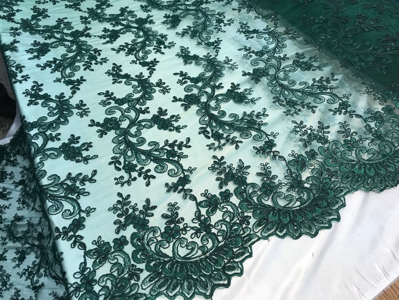 Bridal Sequins Fabric Mesh Lace French Embroidered Design Sold by The Yard Hunter Green