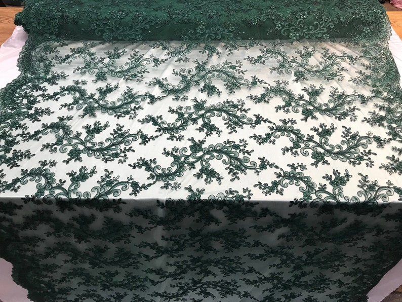 Bridal Sequins Fabric Mesh Lace French Embroidered Design Sold by The Yard Hunter Green