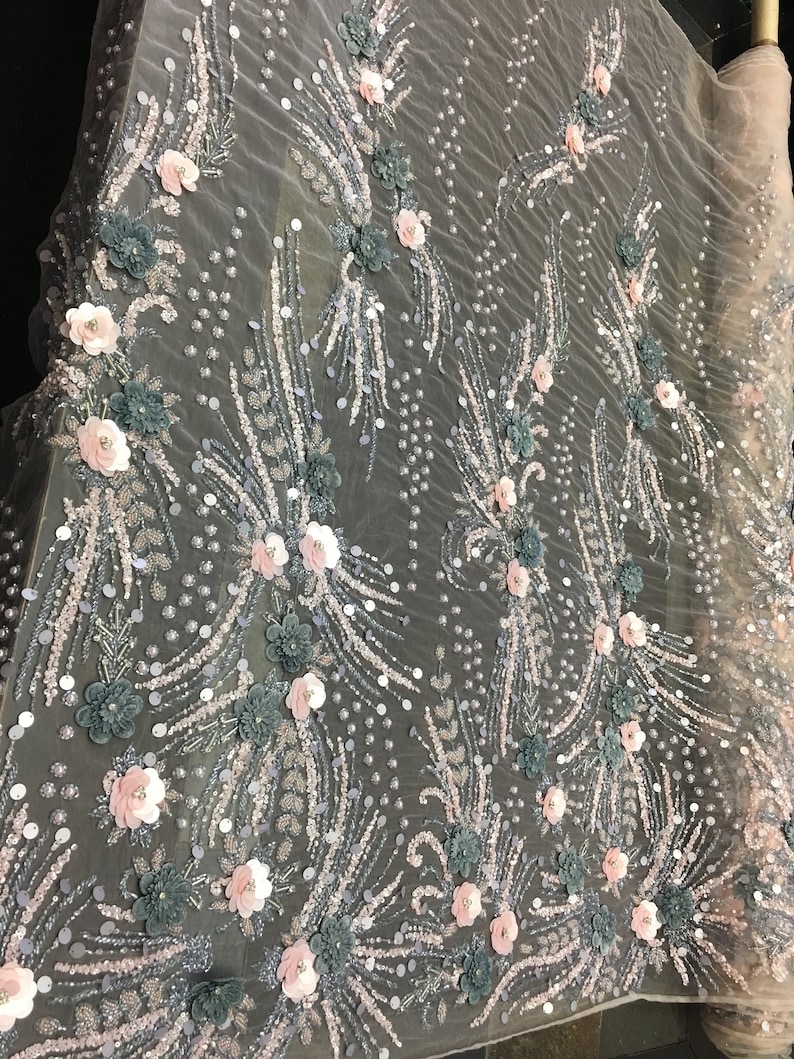 Luxury Designs 3D FlowerFloral Designs Beaded With Diamonds Fabric Lace Sold By The Yard Embroidered Beaded On Blush Mesh PinkSage