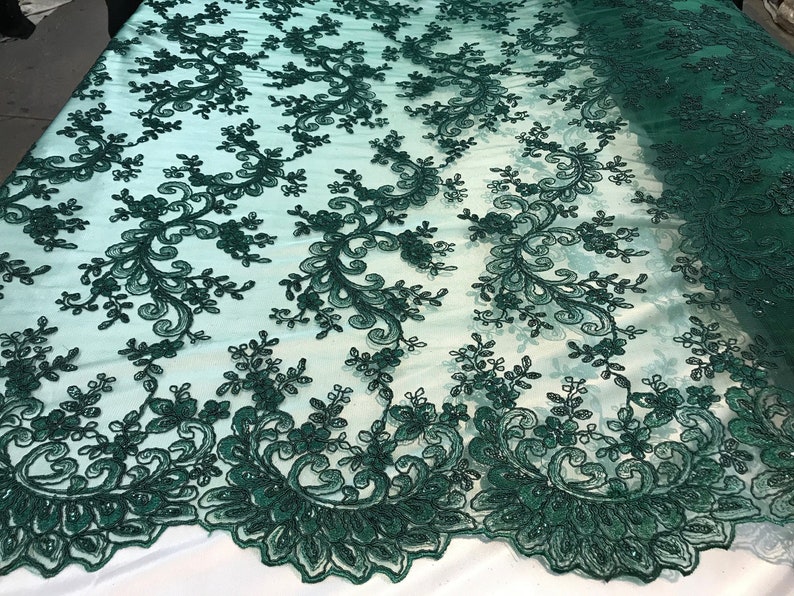 Bridal Sequins Fabric Mesh Lace French Embroidered Design Sold by The Yard Hunter Green