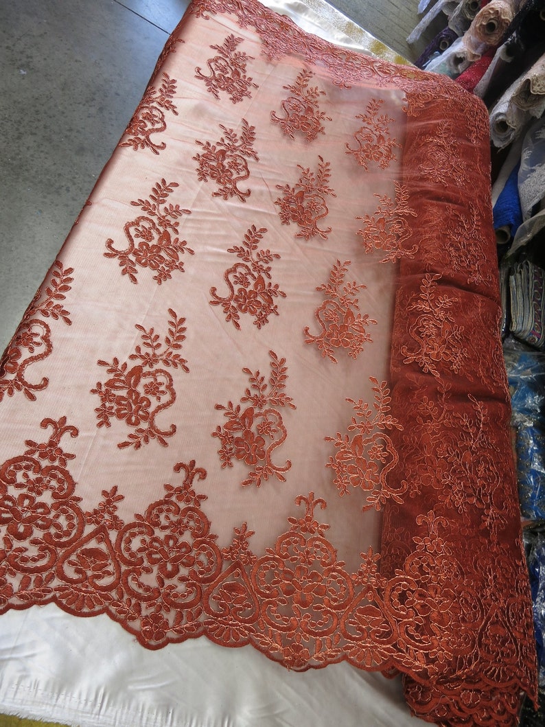 Copper Metallic Lace Fabric By The Yard Bridal Veil Corded Flowers Embroidery For Wedding Dress