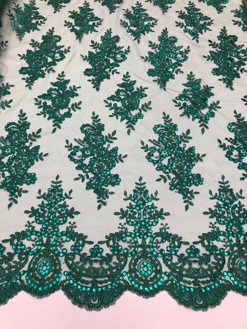 Shop Mesh Lace Fabric By The Yard Hunter Green Corded Floral Embroidery With Sequins on Mesh Polyester For Bridal