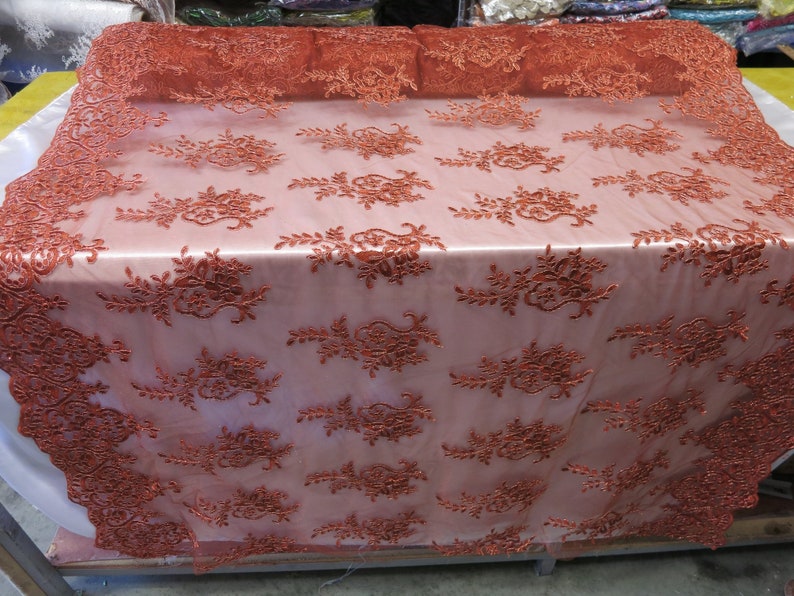 Copper Metallic Lace Fabric By The Yard Bridal Veil Corded Flowers Embroidery For Wedding Dress